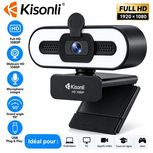 Kisonli Webcam D2 HD PC USB 1080P avec Micro Intégré et Éclairage LED Tactile – Caméra Web Full HD Plug & Play sans